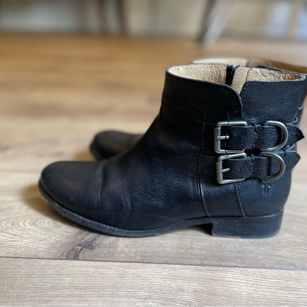 Frye Leather booties- black, double buckle & strap, inner-zipper, low heel